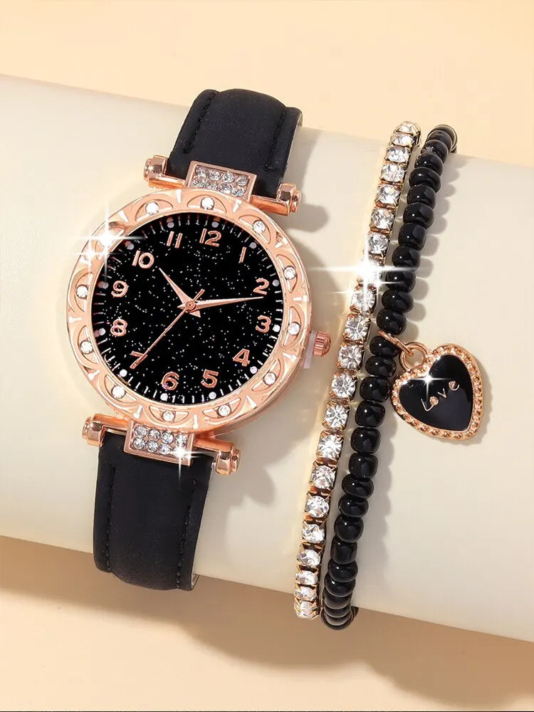 3PCs Fashion Versatile Starry Sky Diamond Embedding Women's Belt Quartz Watch with Diamond Embedding Bracelet Set