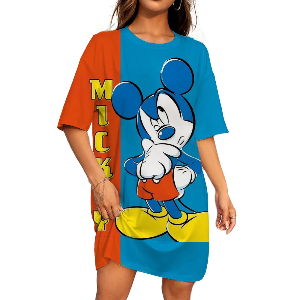 Disney Mickey Mouse Casual Dress – Loose Fit, Round Neck, Short Sleeve, Summer Party Style.