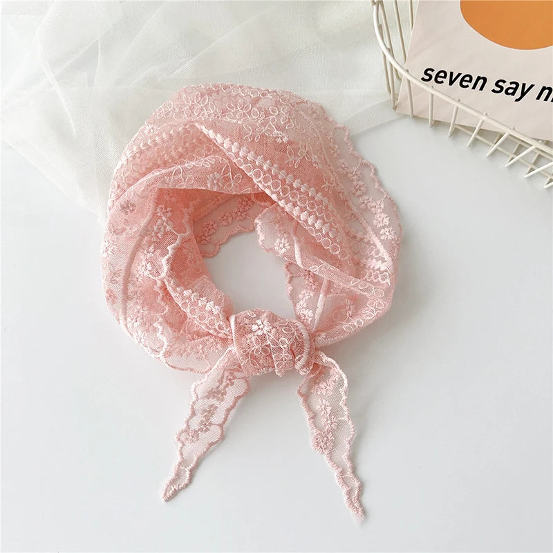 Summer White Woven Floral Lace Hair Scarf Wraps Women Retro Triangle Headscarf Hat Travel Photo Headband Hair Accessories INS