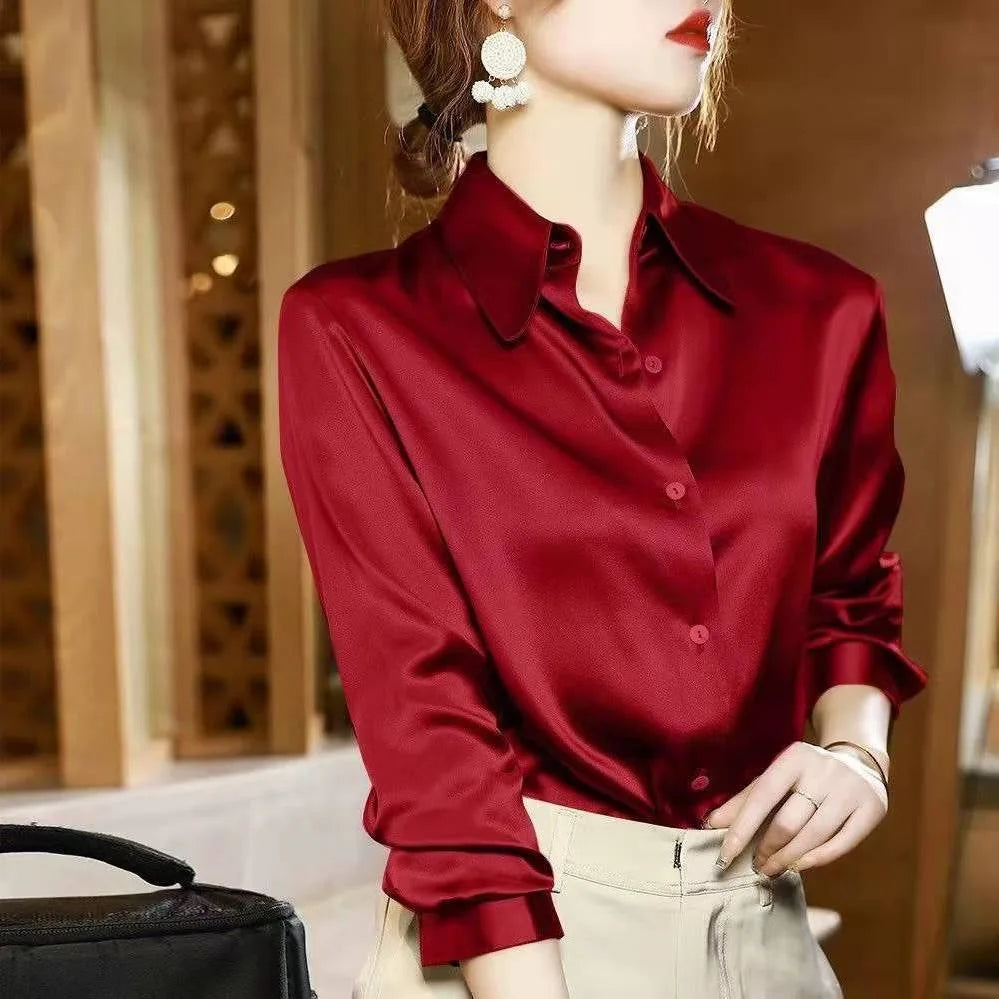 Women's Satin Shirt – Elegant Slim Fit, Long Sleeve Office Blouse (2024)