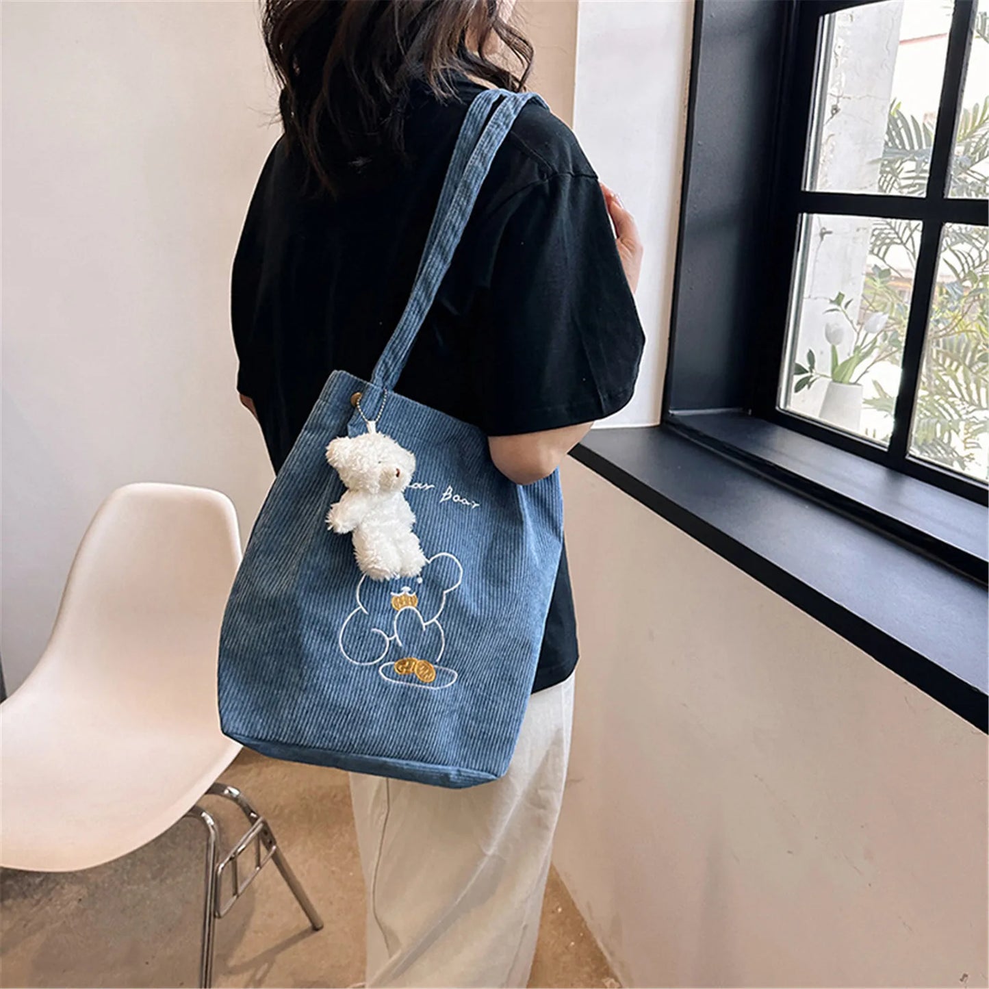 Cartoon Embroidered Bear Shoulder Bag Foldable Corduroy Handbag For Women Large Capacity Tote Bags Eco Friendly Shopping Bag