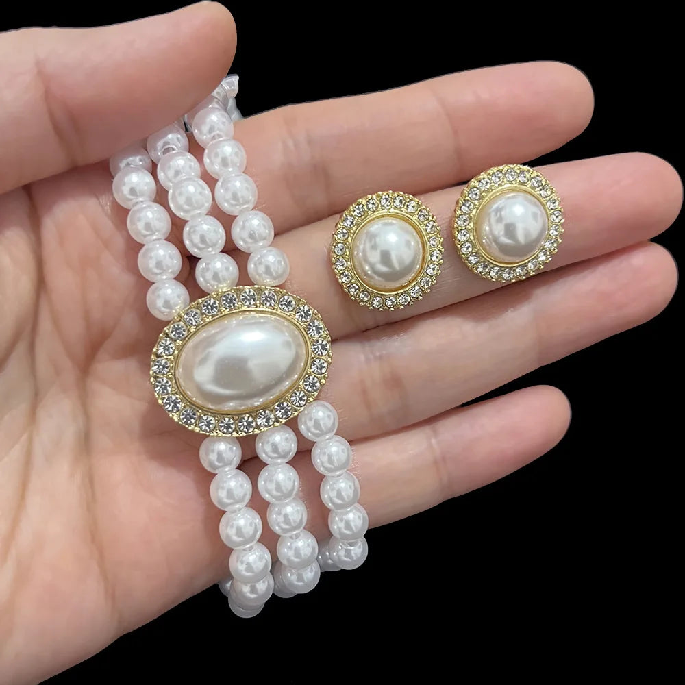 KMVEXO Vintage Palace Multilayer Pearl Choker Necklace Earrings Sets for Women Oval Crystal Rhinestone Wedding Bride Jewelry Set