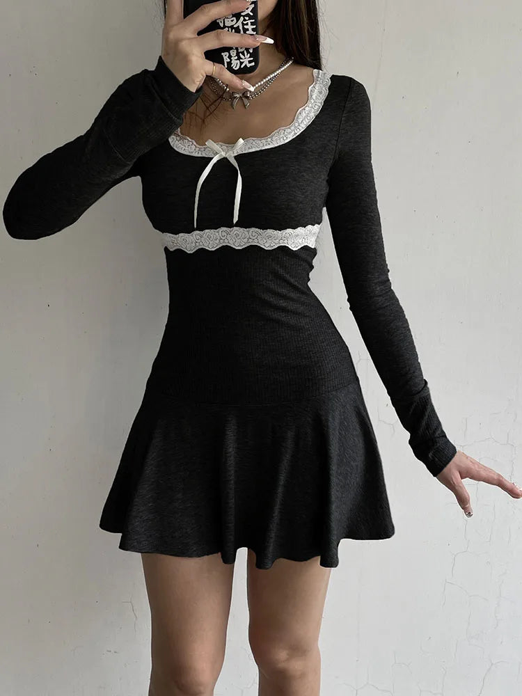 Sweet Patchwork Lace A-Line Dress Casual Basic Square Collar Long Sleeve Mini Dresses