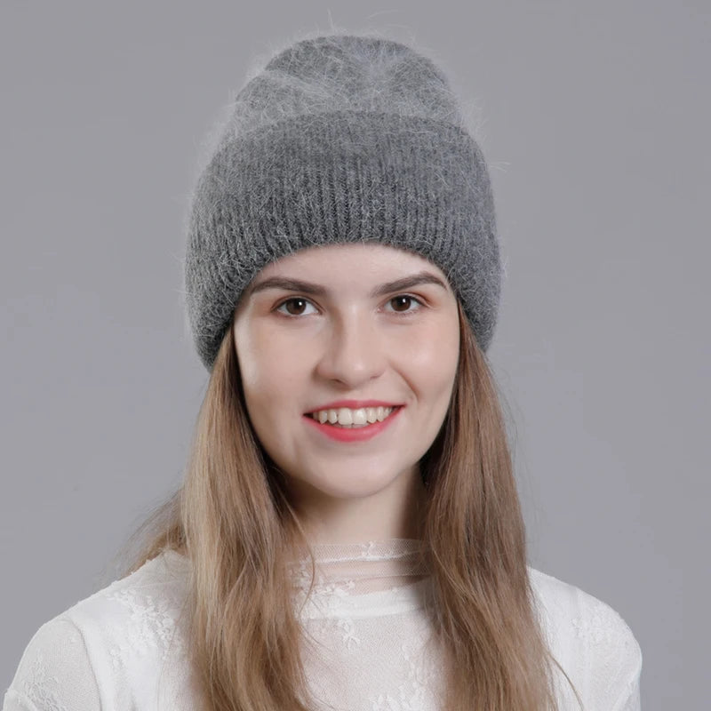 CNTANG Real Rabbit Fur Hat Winter Warm Beanies For Women Fashion Cute With Decorate Rhinestone Cap Female Casual Knitted Hats