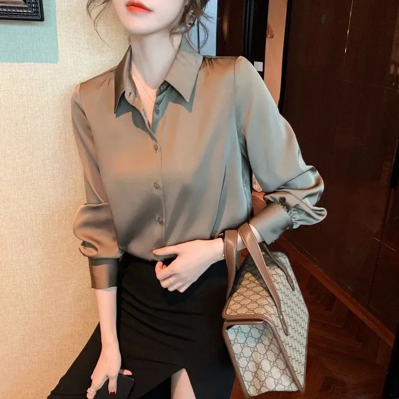 Women's Satin Shirt – Elegant Slim Fit, Long Sleeve Office Blouse (2024)