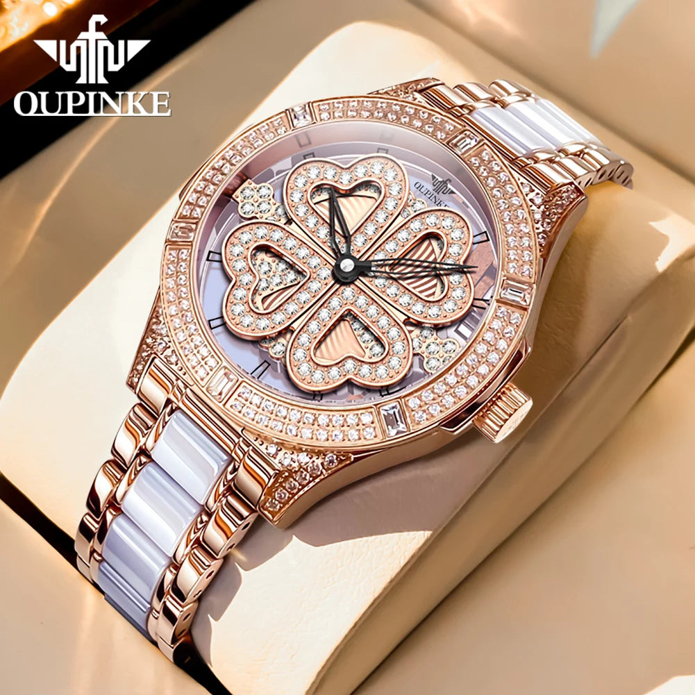 OUNPINKE Top Brand Women's Watches Luxury Elegant Original Swiss Quartz Wrist Watch for Lady Sapphire Mirror Diamond Dial Trend