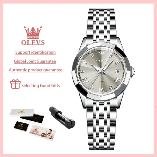 OLEVS Elegant Fashion Women's Watches Luxury Brand Original Quartz Watch for Ladies Waterproof Stainless Steel Luminous Date