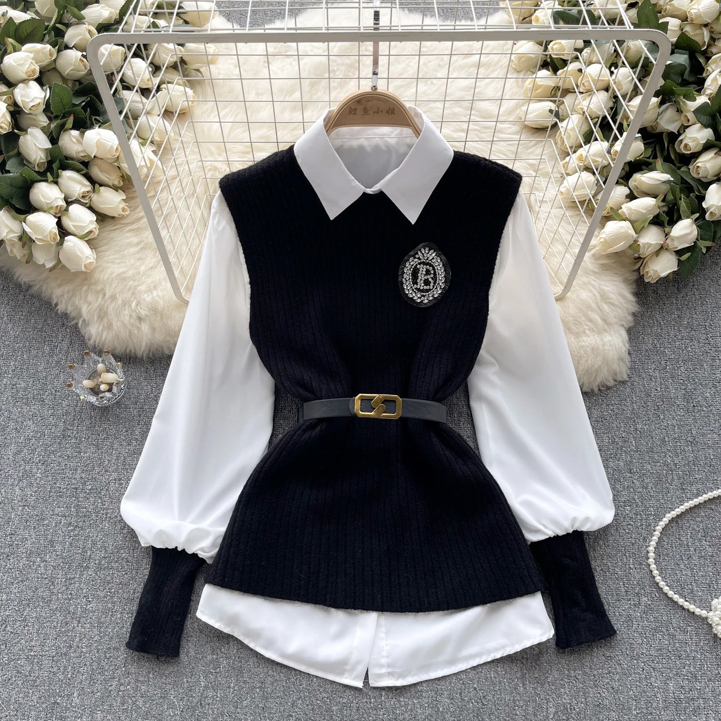 Korean Knitted Vest & Lantern Sleeve Blouse – Elegant Autumn Set