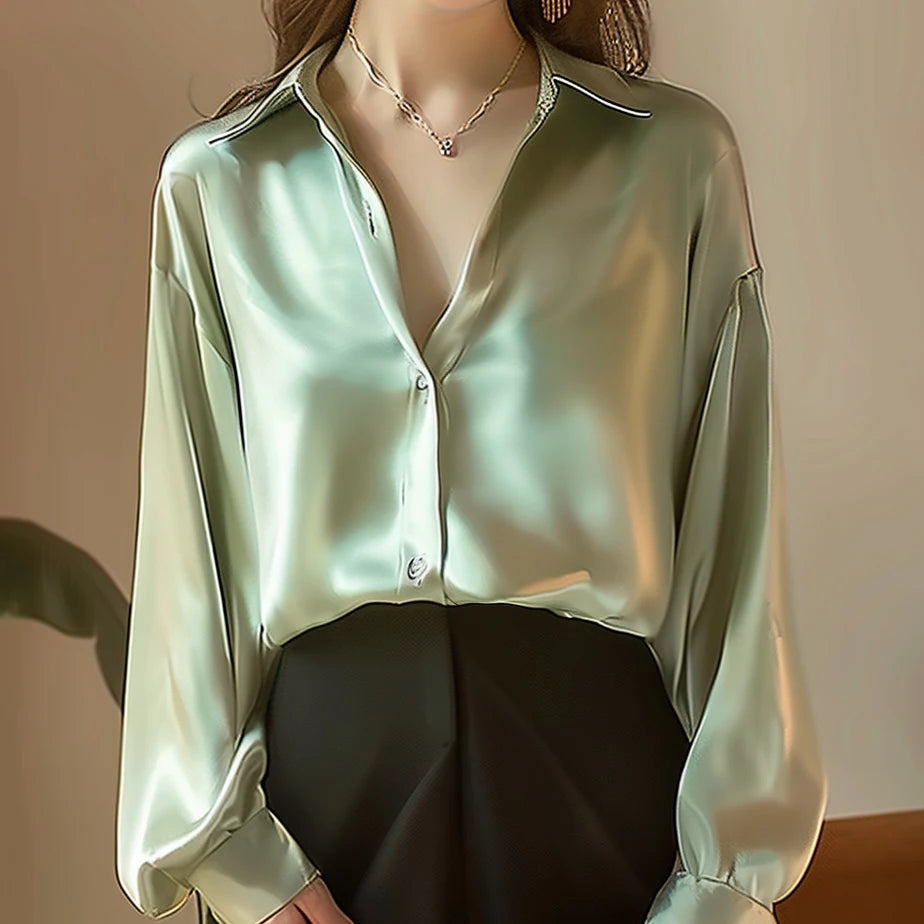 Women's Satin Shirt – Elegant Slim Fit, Long Sleeve Office Blouse (2024)