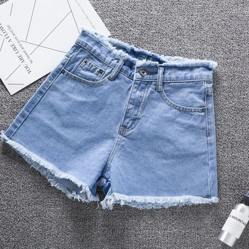 Summer Woman High Haist Jeans Shorts Fashion Rough-edges Denim Short Pants Schoolgirl Casual Pants Blue Black White Jeans