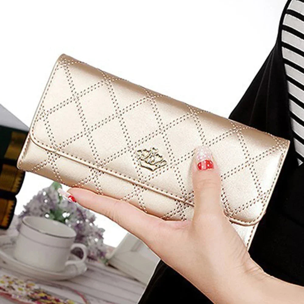 Black Long Wallets for Women PU Leather Diamond Pattern Purse Card Holder Crown Buckle Ladies Phone Bag Fashion Clutch Bag