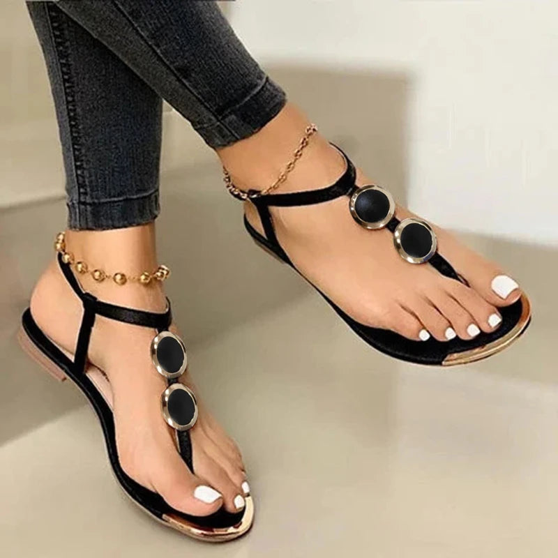 2024 The New Summer Sandals Women Fashion Casual Beach Outdoor Flip Flop Sandals Metal Decoration Ladies Flat Shoes Plus Size