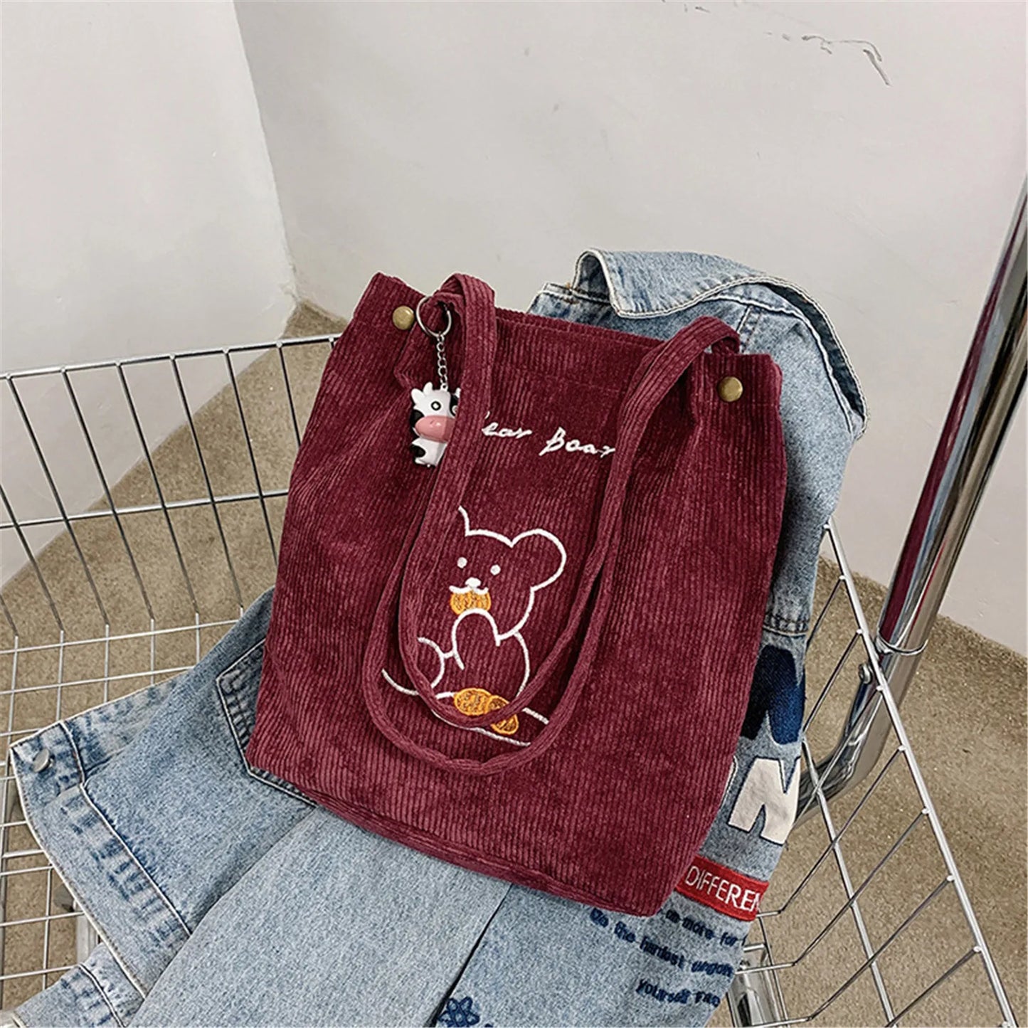 Cartoon Embroidered Bear Shoulder Bag Foldable Corduroy Handbag For Women Large Capacity Tote Bags Eco Friendly Shopping Bag