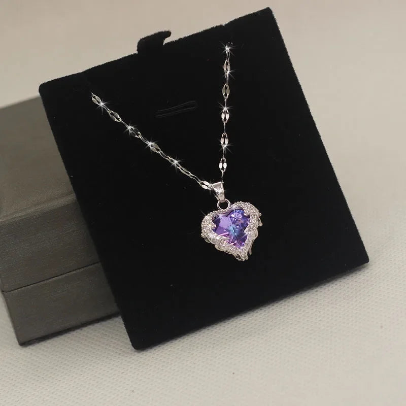 Luxury Colorful Crystal Ocean Heart Pendant Necklace For Women Korean Fashion Stainless Steel Neck Chain Female Wedding Jewelry