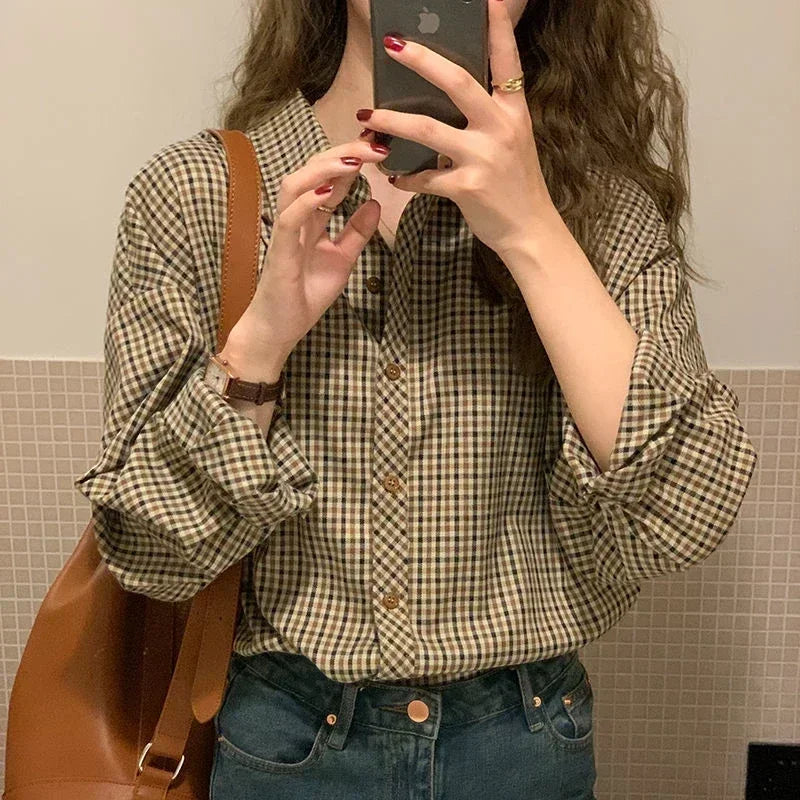 Plaid Shirts Women Retro Turn-down Collar Blouses All-match Straight Hong Kong Style Button Up Elegant Long Sleeve Outwear Femme