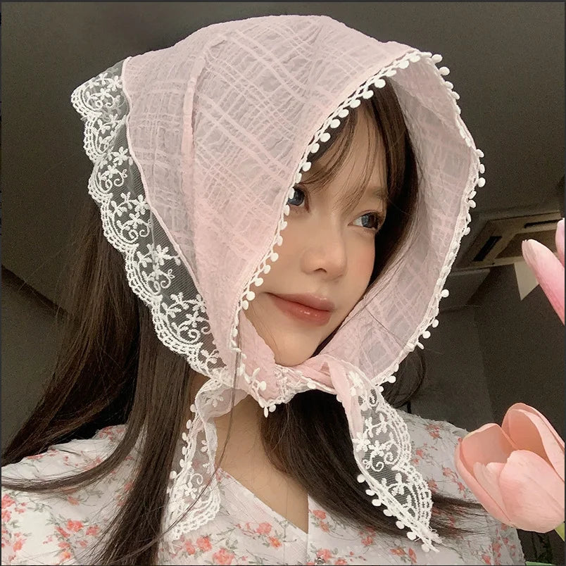 Korean Ins Lace Hair Scarf for Women Retro Triangle Hair Band Strap Hair Bag Headscarf Hat French Pastoral Style Travel Headband