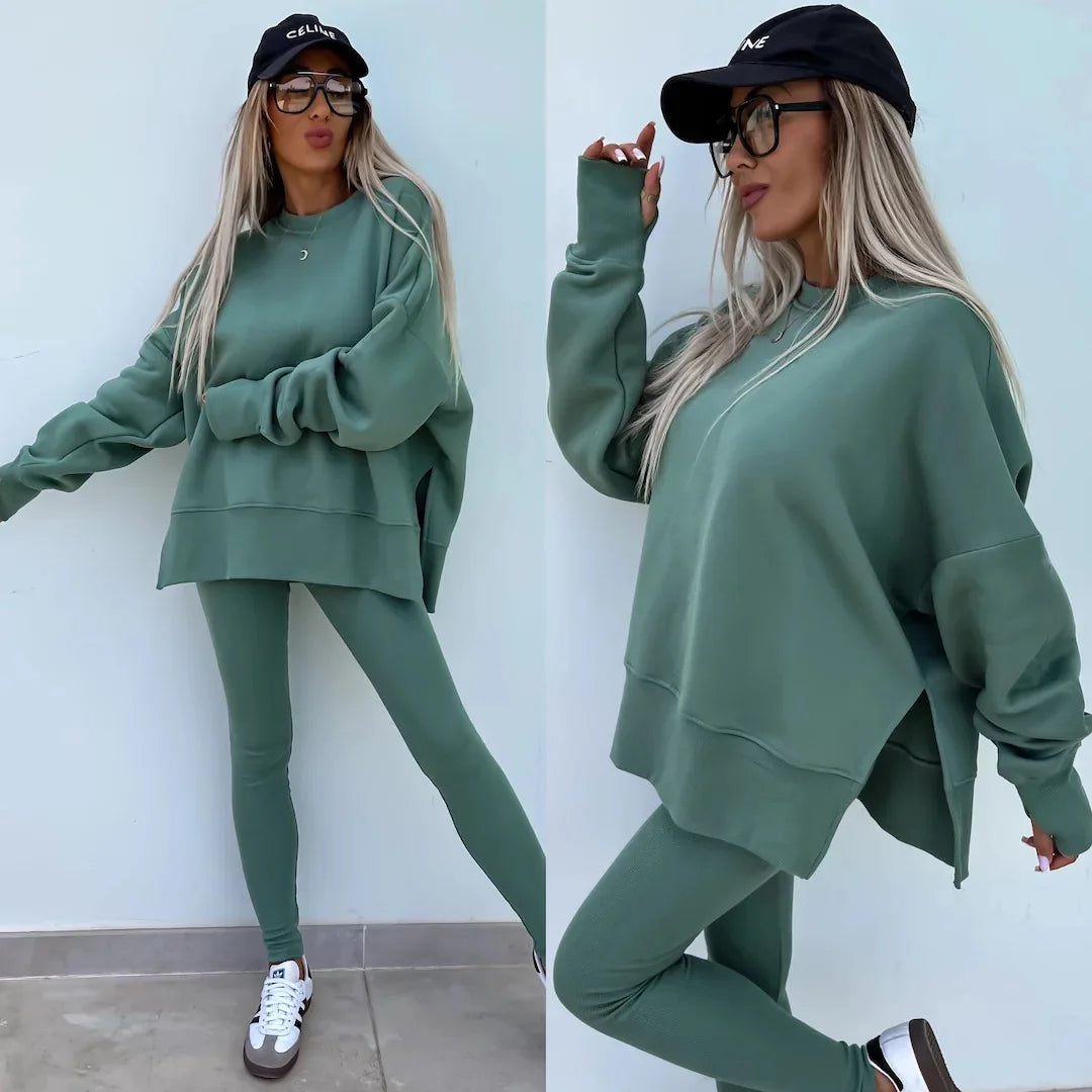 Women Pant Sets Two Pieces Tracksuit Solid Loose Sweatshirts Split Pullover Pencil Pants High Street Autumn Winter 2024