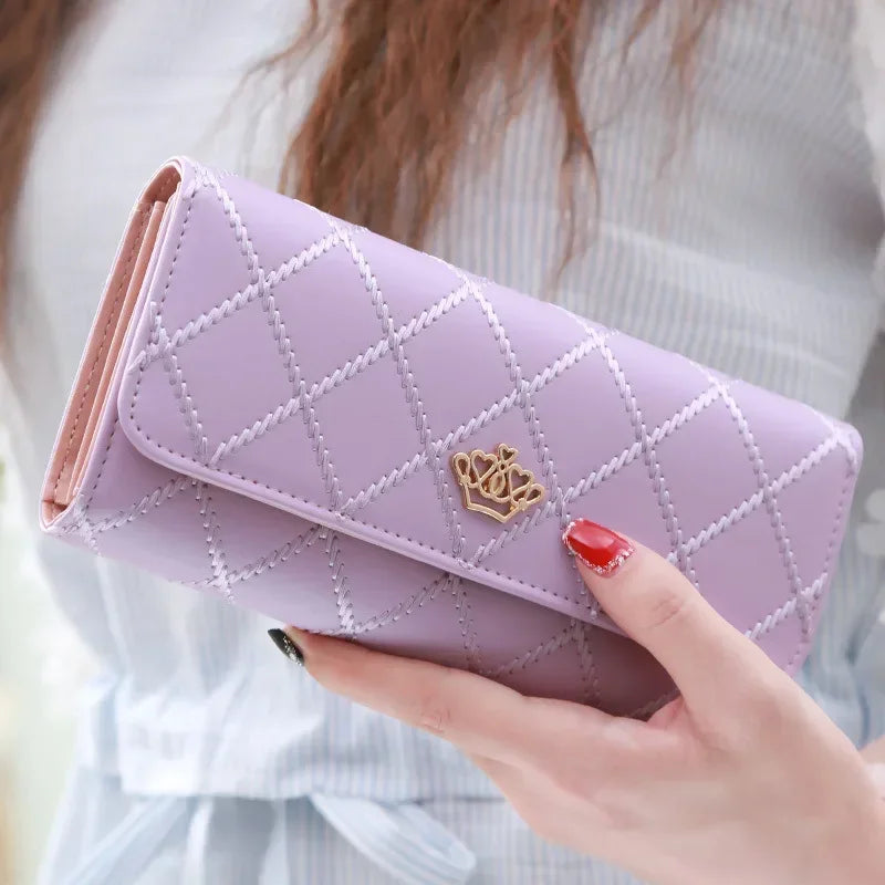 Black Long Wallets for Women PU Leather Diamond Pattern Purse Card Holder Crown Buckle Ladies Phone Bag Fashion Clutch Bag