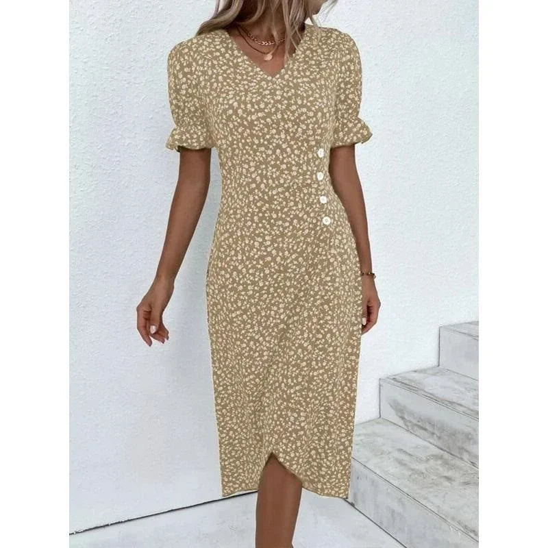 Elegant Summer Floral Midi Dress – V-Neck, Puff Sleeves, Pleated H-Shape, Ruched Waist, Button Detail.