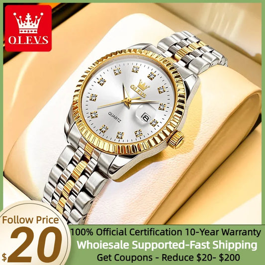 OLEVS Women's Watches Luxury Diamond Elegant Women Wristwatch Stainless Steel Waterproof Luminous Ladies Watch Jewelry Set