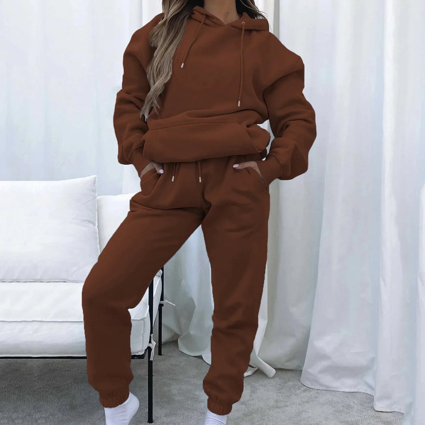 Women Two Piece Sets Tracksuit outfit Hooded Sweatshirts Pocket Drawstring Long Pants Suit Thick Casual Office Lady Autumn