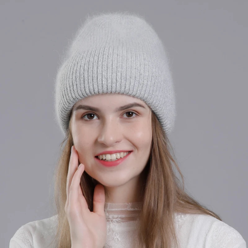 CNTANG Real Rabbit Fur Hat Winter Warm Beanies For Women Fashion Cute With Decorate Rhinestone Cap Female Casual Knitted Hats