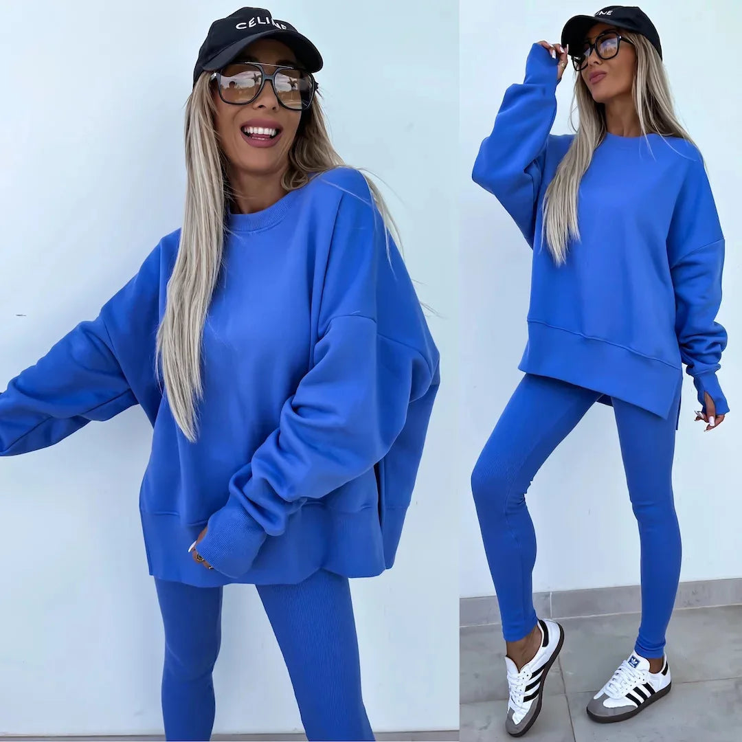 Women Pant Sets Two Pieces Tracksuit Solid Loose Sweatshirts Split Pullover Pencil Pants High Street Autumn Winter 2024