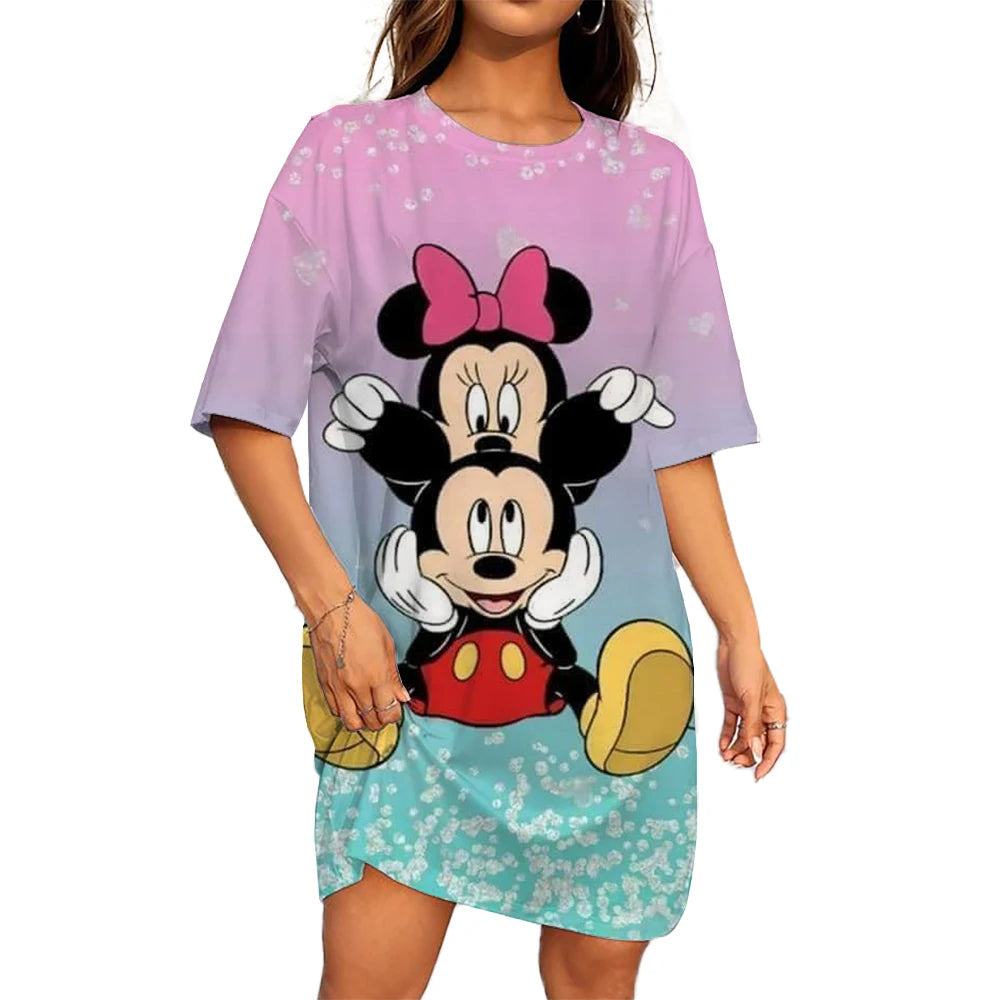 Disney Mickey Mouse Casual Dress – Loose Fit, Round Neck, Short Sleeve, Summer Party Style.