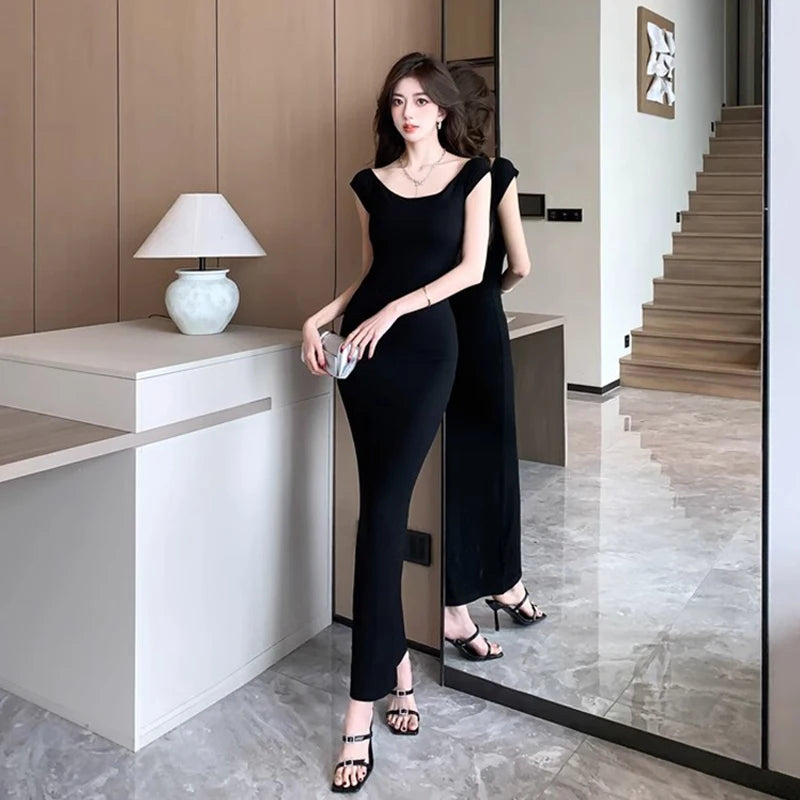 Summer Black Short Sleeve Women Elegant Party Off Shoulder Sheath Long Dress