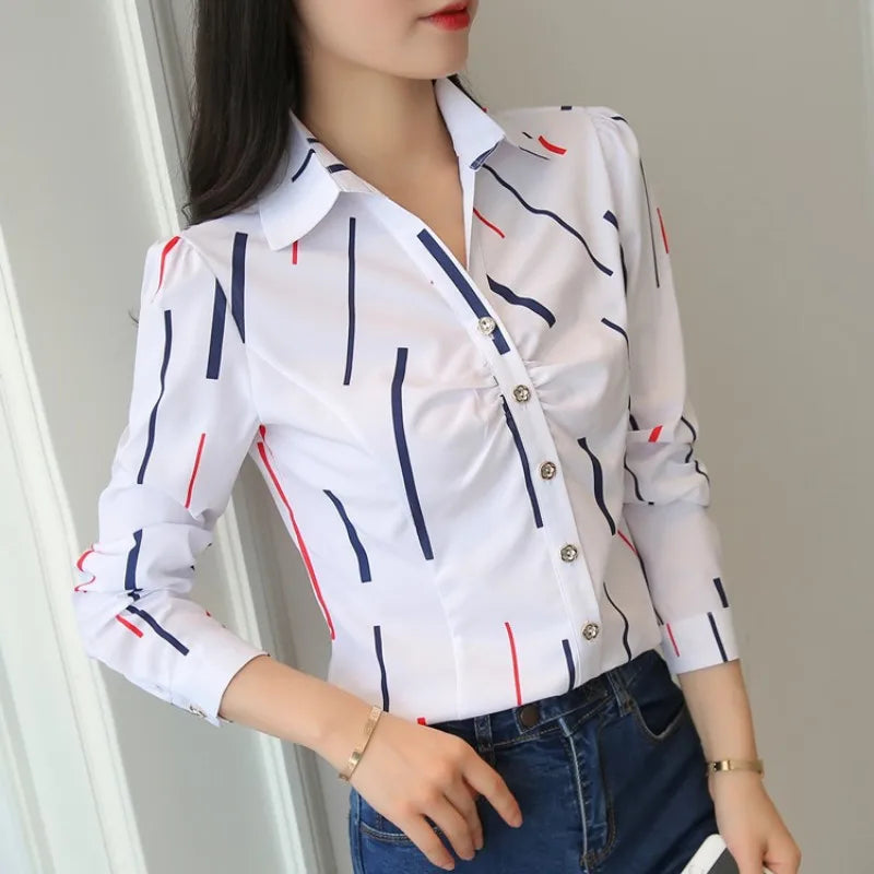 Women White Tops and Blouses Fashion Stripe Print Casual Long Sleeve Office Lady Work Shirts Female Slim Blusas