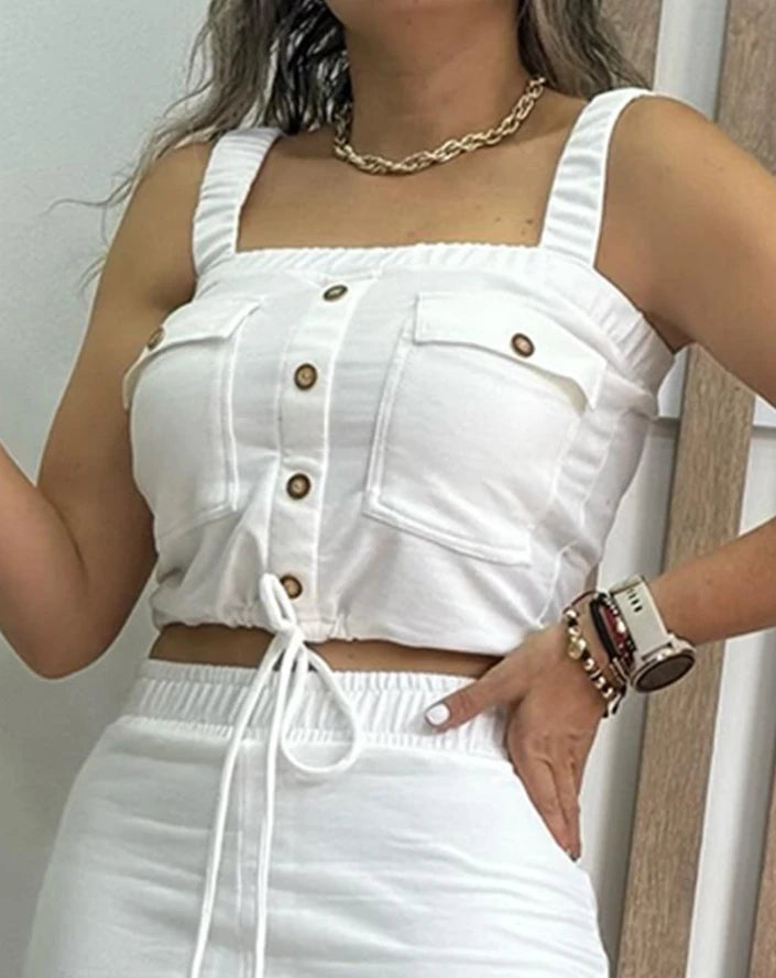 Two Piece Set Women Outfit 2024 Summer Fashion Drawstring Pocket Design Square Neck Crop Cami Top & Casual Slit Midi Skirt Set