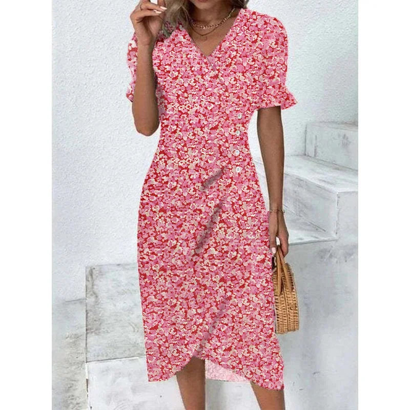 Elegant Summer Floral Midi Dress – V-Neck, Puff Sleeves, Pleated H-Shape, Ruched Waist, Button Detail.