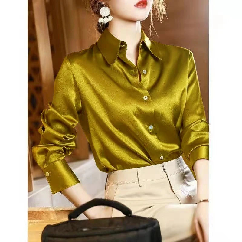 Women's Satin Shirt – Elegant Slim Fit, Long Sleeve Office Blouse (2024)