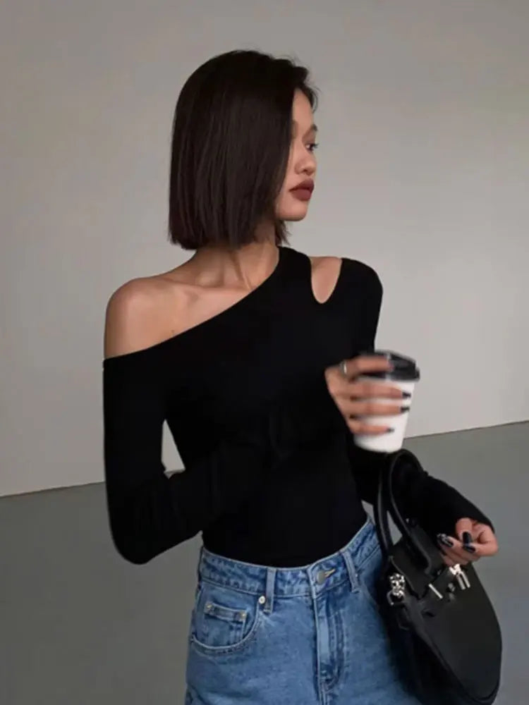 Fashionable Skew Collar Off-Shoulder T-Shirt for Women