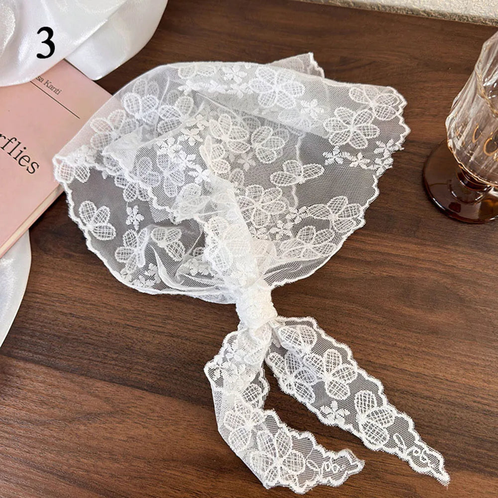 Summer White Woven Floral Lace Hair Scarf Wraps Women Retro Triangle Headscarf Hat Travel Photo Headband Hair Accessories INS