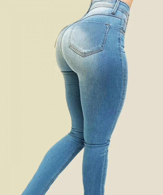 Woman's pure color jeans denim high waist jeans street play cultivate one's morality pants shaping figure with high waist jeans