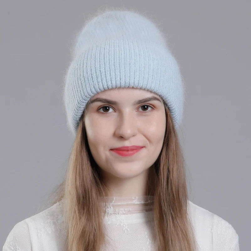 CNTANG Real Rabbit Fur Hat Winter Warm Beanies For Women Fashion Cute With Decorate Rhinestone Cap Female Casual Knitted Hats