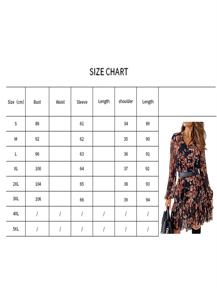 Women’s Floral Print Pleated Wrap Dress – V-Neck, Long Sleeve, Ruffled A-Line Dress