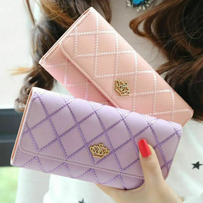 Black Long Wallets for Women PU Leather Diamond Pattern Purse Card Holder Crown Buckle Ladies Phone Bag Fashion Clutch Bag