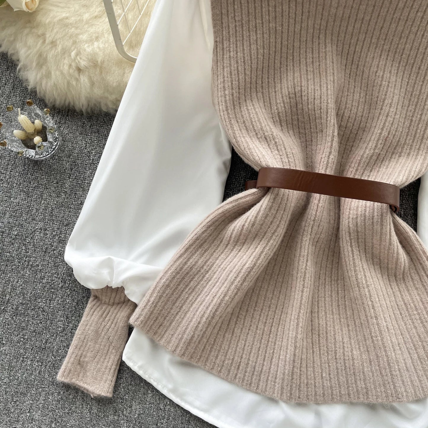 Korean Knitted Vest & Lantern Sleeve Blouse – Elegant Autumn Set