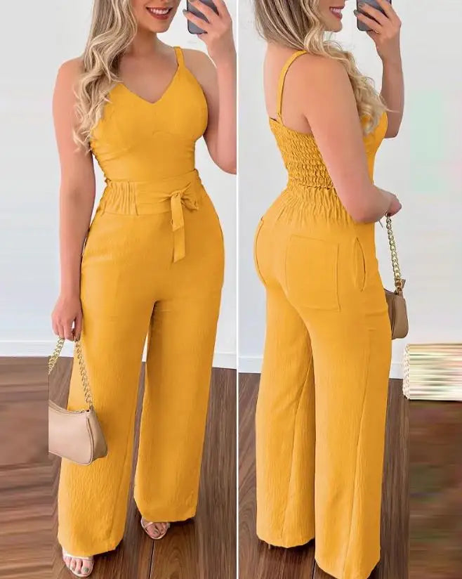 Women's Casual Summer Two-Piece Solid Color V-Neck Elastic Vest Top and High Waisted Pocket Tied Wide Leg Commuting Pants Set