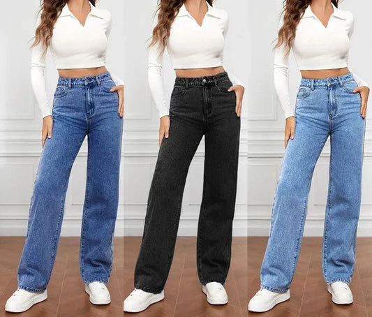 Denim Jeans Women Straight Pants Washing High Waist Loose Pockets Basics Ankle Length Y2k Blue Pants Streetwear Slight Strech