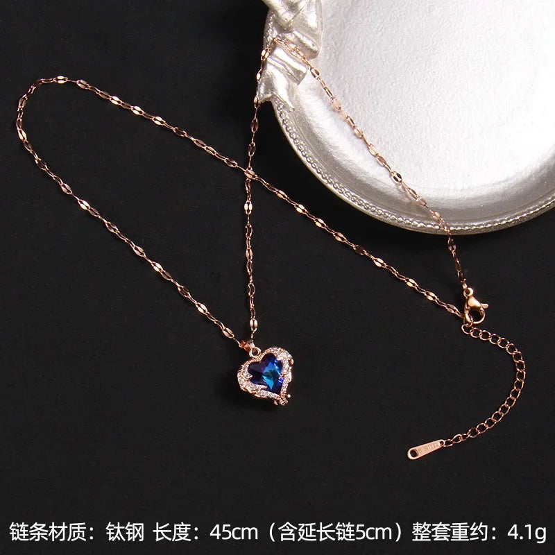 Luxury Colorful Crystal Ocean Heart Pendant Necklace For Women Korean Fashion Stainless Steel Neck Chain Female Wedding Jewelry