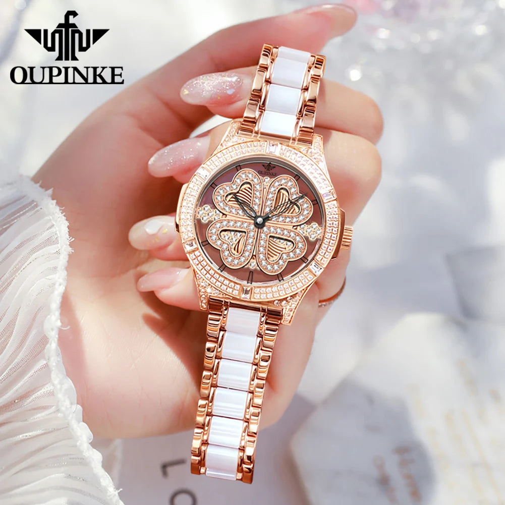 OUNPINKE Top Brand Women's Watches Luxury Elegant Original Swiss Quartz Wrist Watch for Lady Sapphire Mirror Diamond Dial Trend