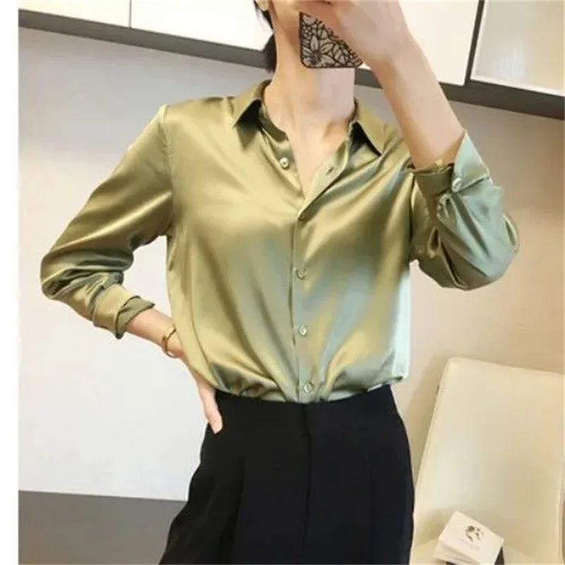 Women's Satin Shirt – Elegant Slim Fit, Long Sleeve Office Blouse (2024)