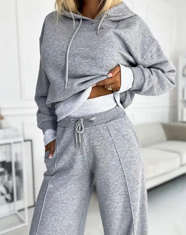 Two Piece Set for Women 2023 Autumn Winter Sports Style Contrasting Colors Fake Two Piece Hoodie & High Waist Wide Leg Pant Set