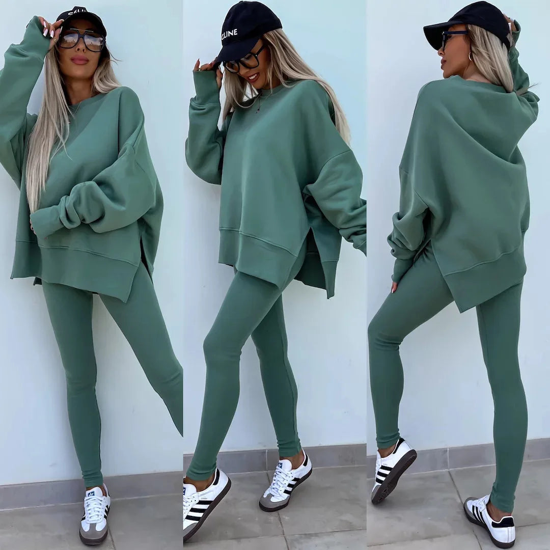 Women Pant Sets Two Pieces Tracksuit Solid Loose Sweatshirts Split Pullover Pencil Pants High Street Autumn Winter 2024