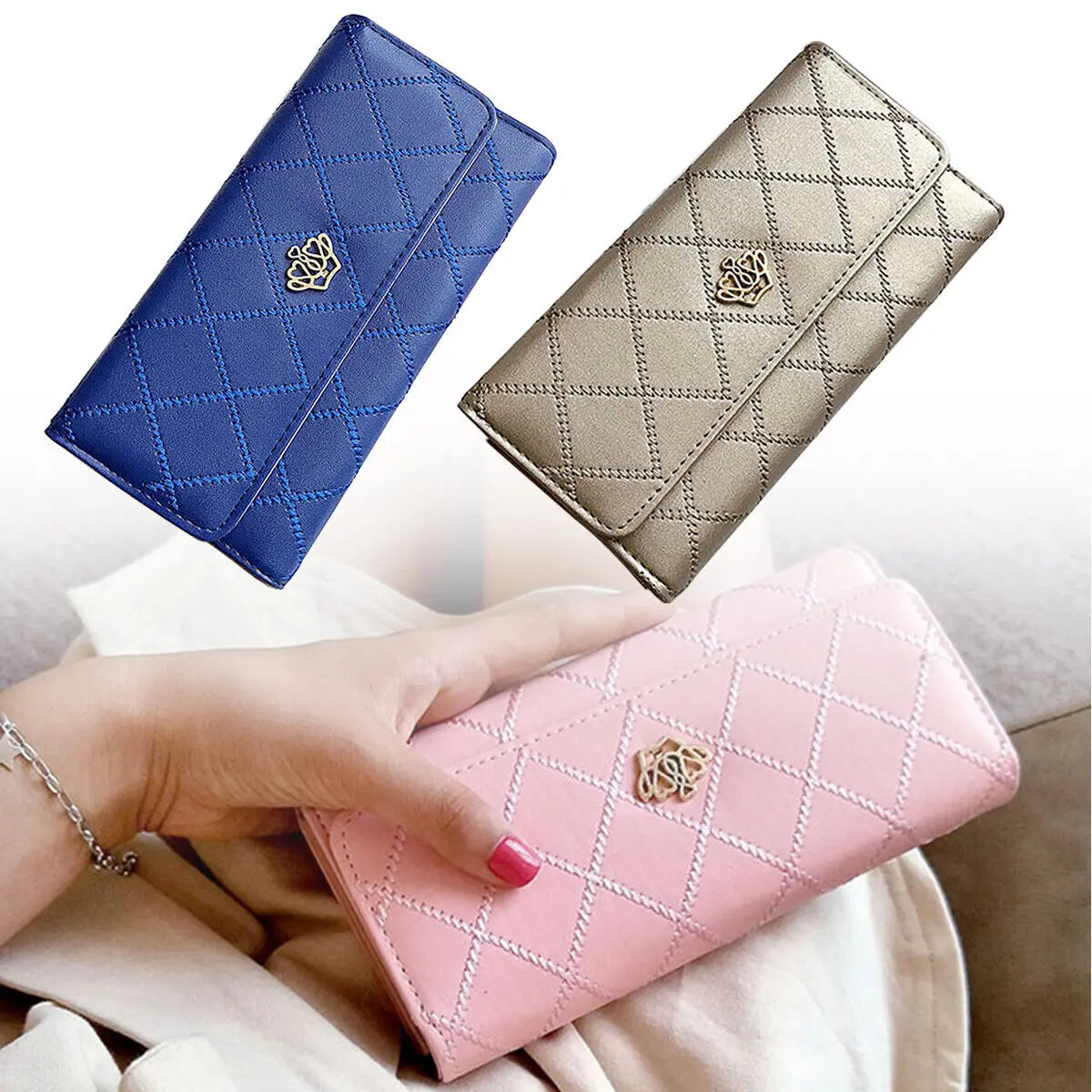 Black Long Wallets for Women PU Leather Diamond Pattern Purse Card Holder Crown Buckle Ladies Phone Bag Fashion Clutch Bag