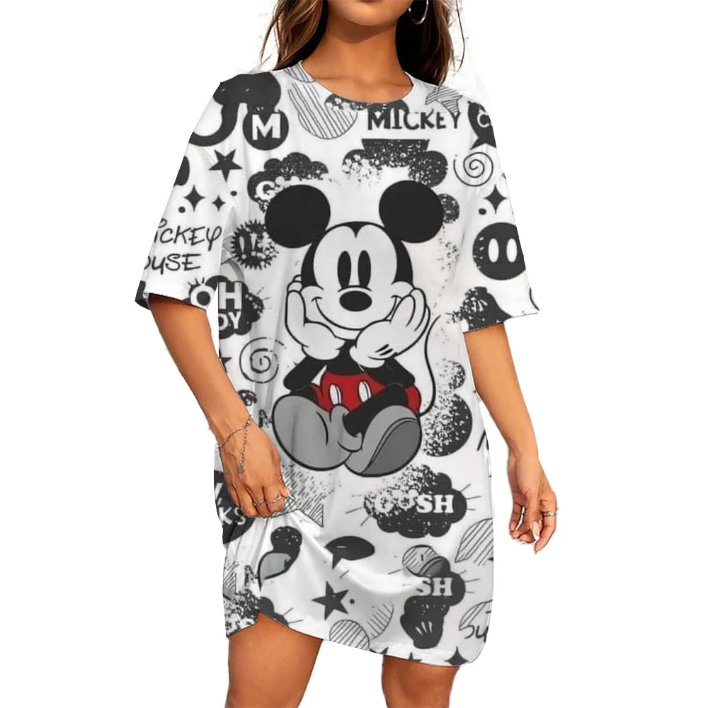 Disney Mickey Mouse Casual Dress – Loose Fit, Round Neck, Short Sleeve, Summer Party Style.