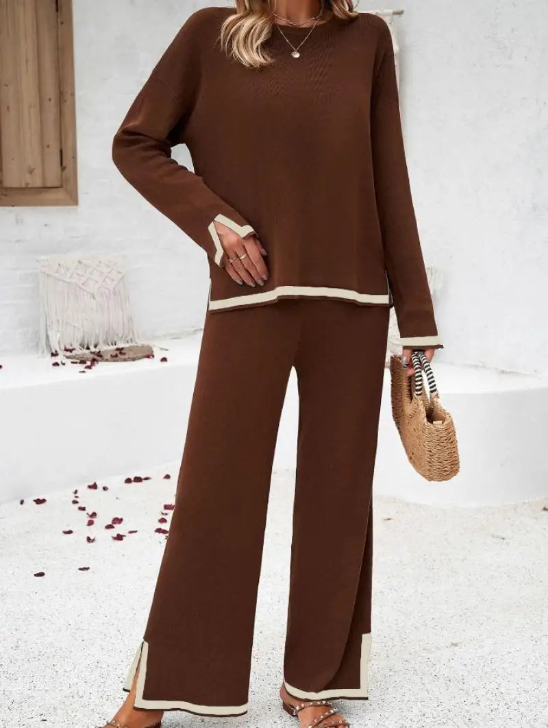 Elegant Women's Sets Casual Solid Color Contrasting Knitted Sweater Long Sleeved Long Pants Straight Leg Casual Pajama Pants Set